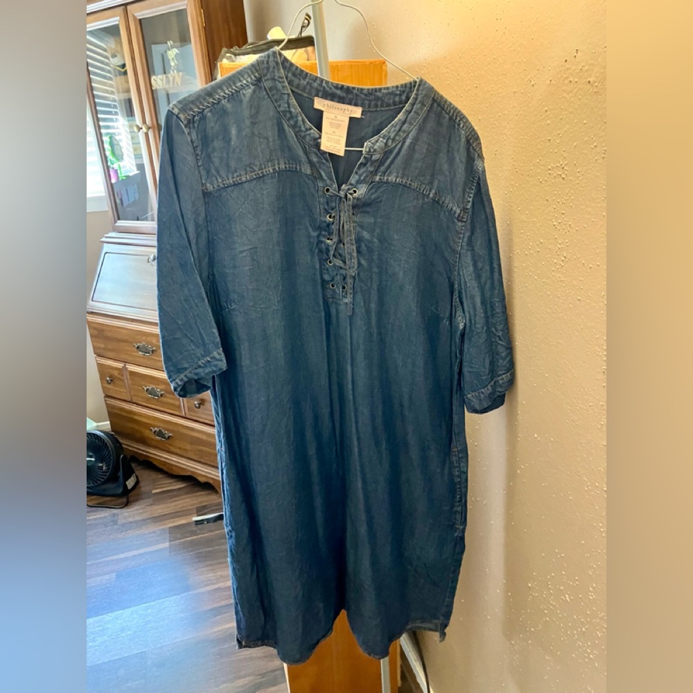 Philosophy Short Sleeved Dark Wash Chambray Denim Dress, XL